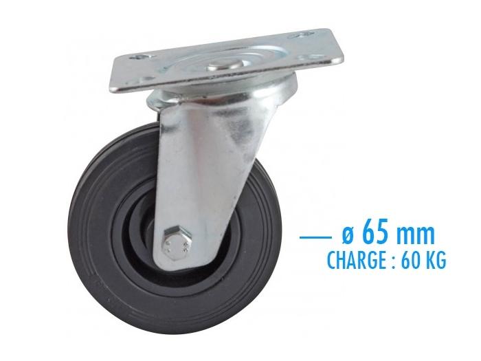 Roulette pivotante à platine roue caoutchouc noire ø65 charge 60kg -  Fournitures Industrielles